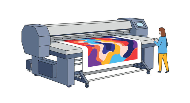 Woman in a blue shirt monitors a large format industrial inkjet printer as it produces a vibrant and colorful abstract design.