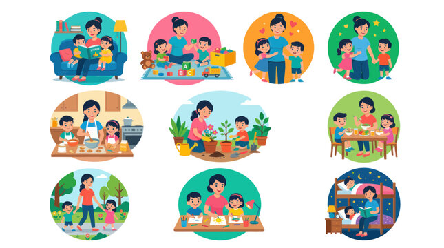 Mother and Children Engaging in Various Activities: Learning, Playing, and Growing Together