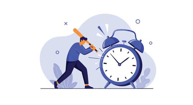 Man in blue clothing swings a wooden baseball bat at a giant blue alarm clock in a conceptual scene about time management.