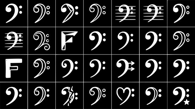 Music Bass Clef Glyph Vector Icons Set - Diverse F Clef Symbols for Musical Notation, Education, and Design