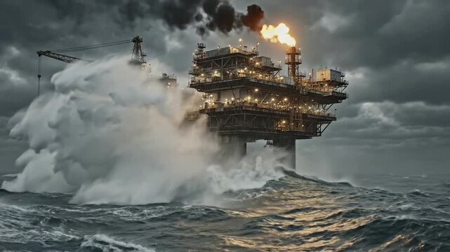 Offshore oil rig in stormy sea with crashing waves and gas flare industrial energy production petroleum
