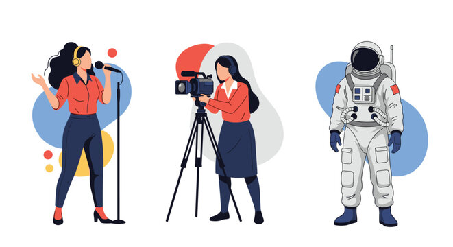 Illustration showcasing three different career paths including a female singer, a professional videographer, and a spacesuited astronaut.