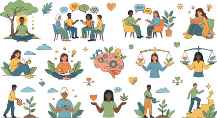 Fototapeta premium Mental Health and Emotional Wellness Collection with Mindfulness, Therapy, Self Care, Personal Growth, Positive Psychology, and Wellbeing Illustrations