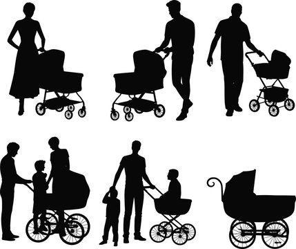 Black silhouettes of parents walking with baby strollers and prams set isolated on white background