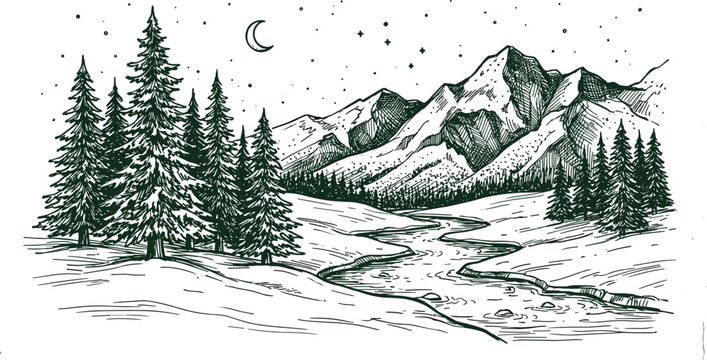 Vintage hand drawn mountain landscape background featuring detailed engraving of night starry sky forest river vector