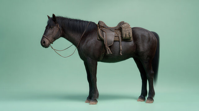 Black horse standing with vintage military saddle, leather bridle, and cavalry gear on green studio background, calm expression, full body side view, historical theme