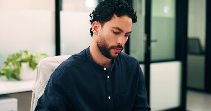 Man, typing or research in office with tablet, update software or problem solving for web development. Programmer, person and review digital project in business with tech, connectivity and site test.