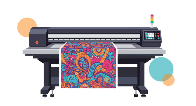 Professional large format industrial printer printing a colorful paisley pattern on fabric or paper in a modern workshop.