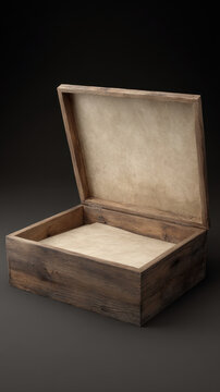 Open wooden chest vintage storage box empty container rustic style aged wood historical artifact antique look collectible keepsake nostalgic feeling