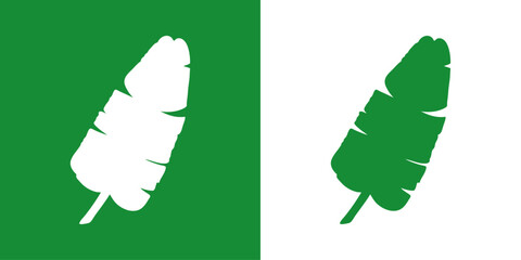 Logo paraíso tropical. Dibujo minimalista de la silueta de una hoja de plátano en fondo verde y fondo y © teracreonte