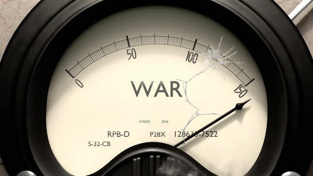War meter showing big levels of war. Dangerously increasing high values of war, critical overload. Too much, off the charts. Max war