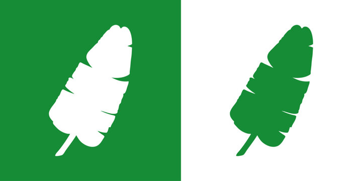 Logo para&iacute;so tropical. Dibujo minimalista de la silueta de una hoja de pl&aacute;tano en fondo verde y fondo y
