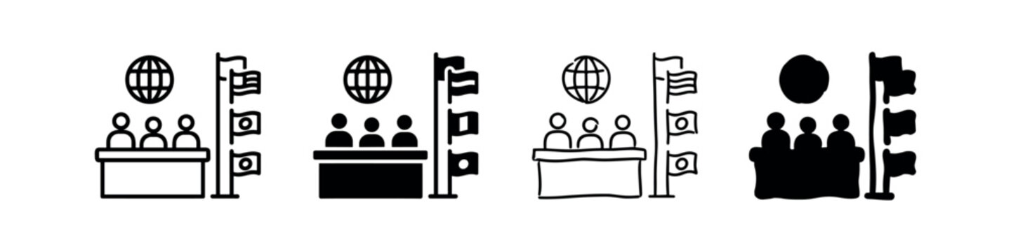 Global conference and international diplomacy icon set.