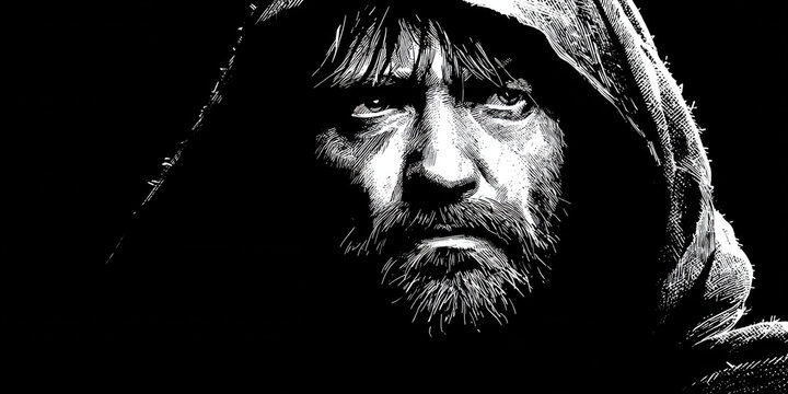 Moody digital art close up of historical military commander with intense expression, hooded cloak, dramatic lighting, black and white illustration, rugged face, strong emotion