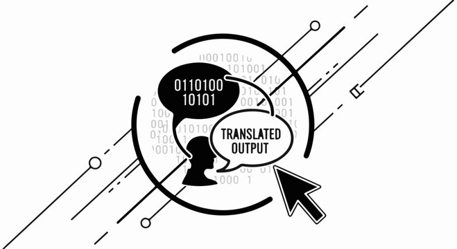 Digital translation concept with binary code and speech bubbles
