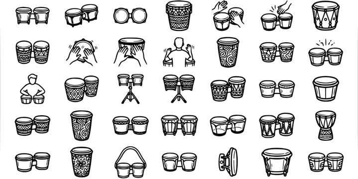 Music and Entertainment Industry Black  White Line Art Glyph Icons Set of Drums, Bongos, Congas, and Percussion Instruments