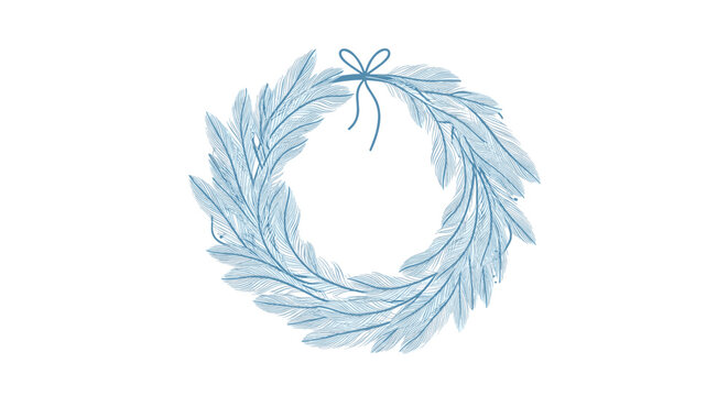 Decorative circular wreath made of soft blue feathers tied with a simple bow at the top on a white background.