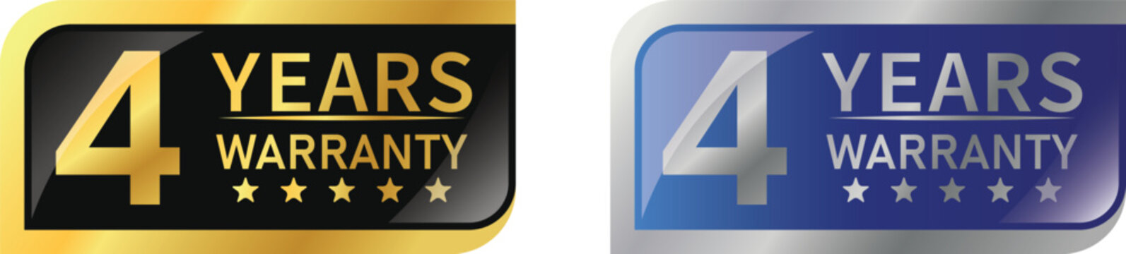 4 year warranty label, badge, icon, logo. A rhombus-shaped parallelogram in gold and silver. Vector illustration.