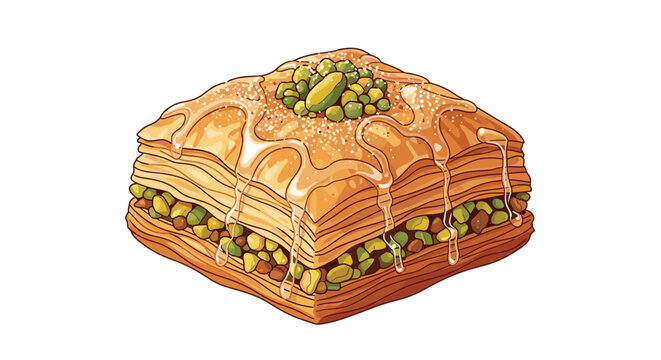 Traditional middle eastern baklava pastry with layers of phyllo dough and crushed pistachios is drizzled with sweet golden honey.