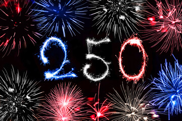 Obraz premium 250 written with sparkles and fireworks, US flag colors, america 250th anniversary celebration
