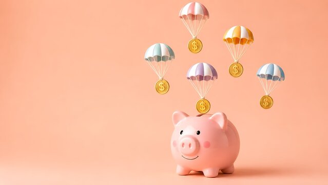 Pink piggy bank receiving falling gold coins via colorful parachutes