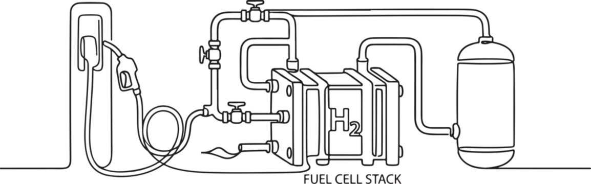 Simple continuous line drawing of a hydrogen fuel cell stack system connected to a refueling station for clean green energy