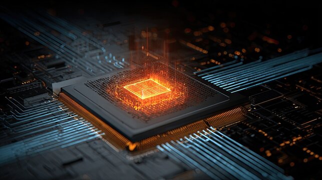 Close-up of a glowing computer processor on a circuit board