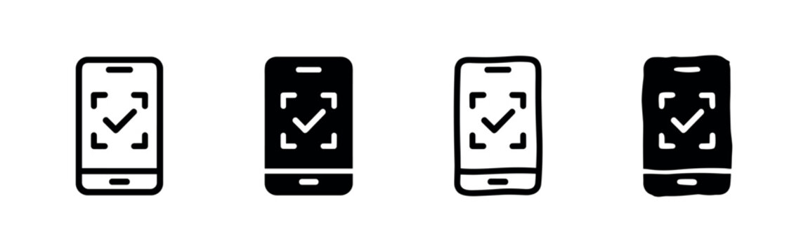 Smartphone QR code scanner icon with checkmark, in different styles.