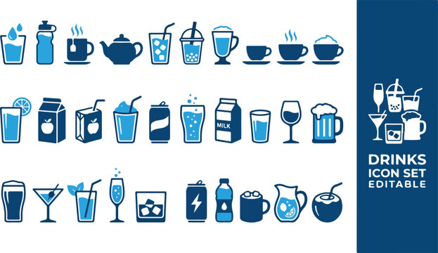 Set of drinks icons vector in dark blue and light blue for beverage representation and refreshment themes