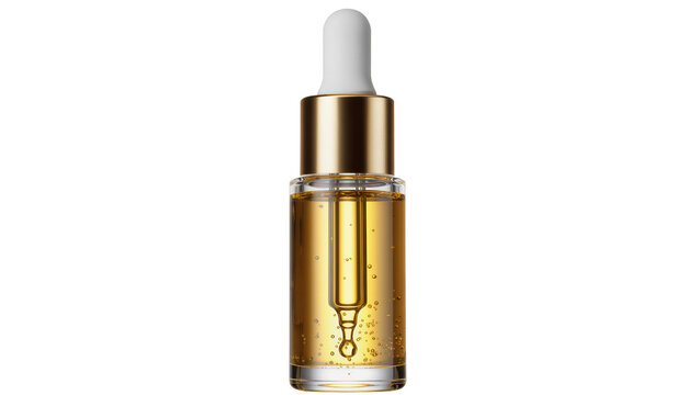 Glass dropper bottle with golden oil and bubbles