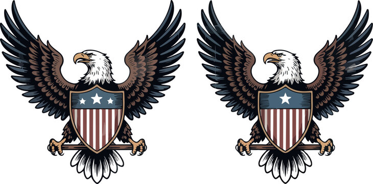Two vintage engraved bald eagles with american shields
