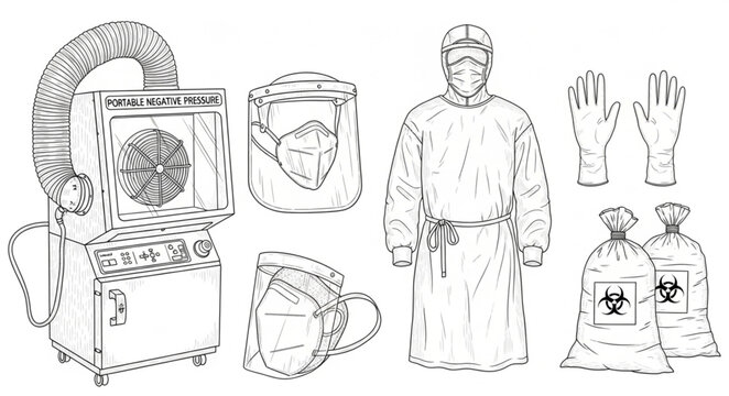 A person wearing protective gear including a hazmat suit and respirator standing next to a decontamination machine and biohazard bags.