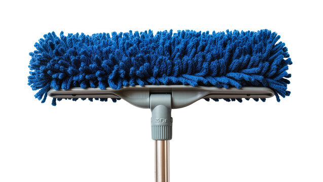 Blue microfiber mop head with gray plastic handle and metal pole