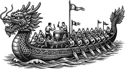 Naklejka premium Dragon boat race, synchronized paddling team, traditional vessel with ornate dragon head, drumming rhythm, lively competition, cultural festival, action sport