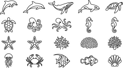 Ocean Marine Life Line Art Icons Set © MD Asharaful