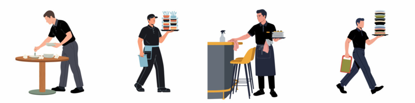Set of flat illustrations featuring male restaurant staff such as busboys and servers clearing tables, cleaning counters, and carrying stacks of dishes.
