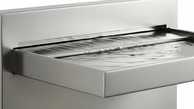 Close-up of a metal waterfall feature with rippling water filling the rectangular basin