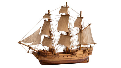 Wooden sailing ship model with tan sails and rigging © Ari