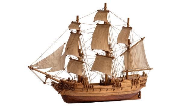 Wooden sailing ship model with tan sails and rigging
