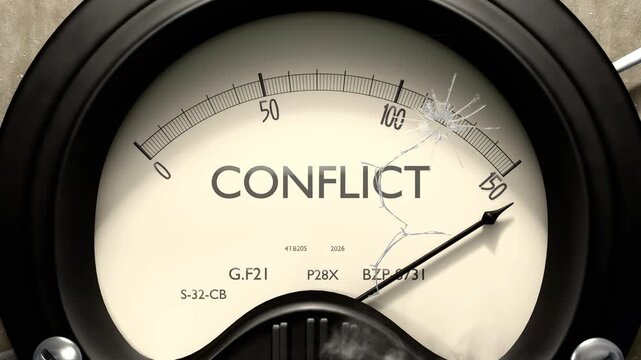 Conflict meter showing big levels of conflict. Dangerously increasing high values of conflict, critical overload. Too much, off the charts. Max conflict