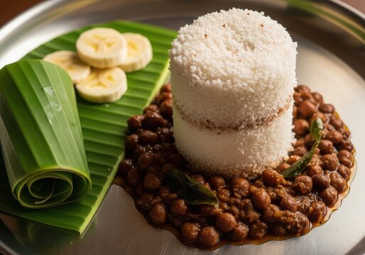 Traditional kerala breakfast puttu with kadala curry and banana