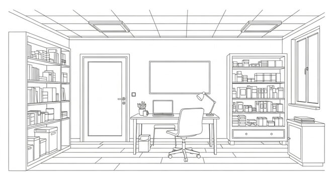 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 illustration of office interior with desk and chair and bookshelves
