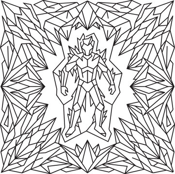 Intricate geometric line art illustration of a powerful humanoid warrior standing within sharp crystal formations on a clean white background