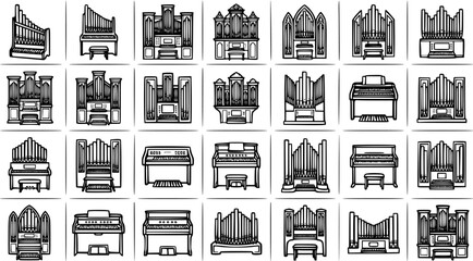 Music Instruments Black  White Line Art Icons: Collection of Detailed Organ and Piano Glyphs for Classical, Church  Concert Themes © victoria