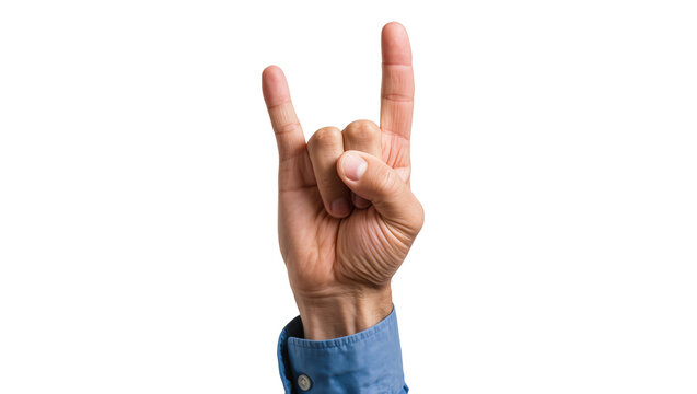 Man hand making rock horns gesture with blue shirt cuff