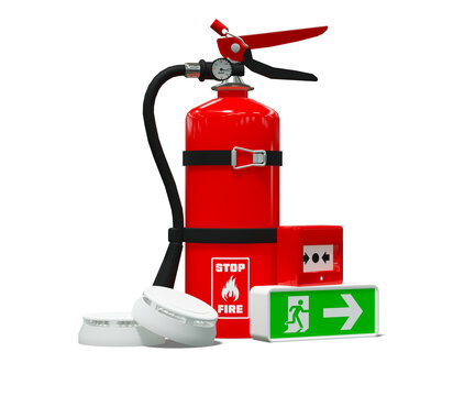 Fire safety equipment set with extinguisher, smoke detectors, and emergency signs - 3D rendering, transparent background