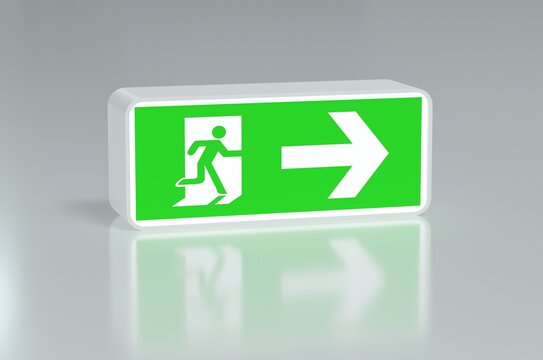 Green emergency exit sign with arrow pointing right on glossy grey background