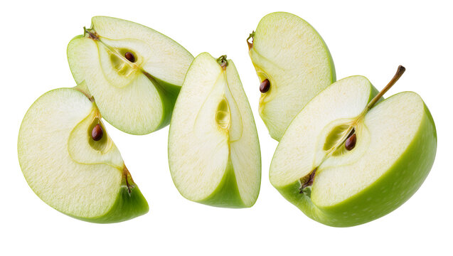 Green apple halves with seeds and stem