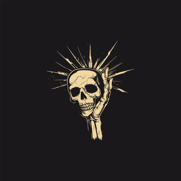 Hand drawn vector illustration of a human skull held by a skeletal or zombie hand