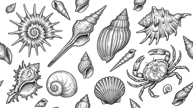 Vintage marine seamless pattern featuring hand drawn engraving sketch of sea shells and crab vector illustration backdrop